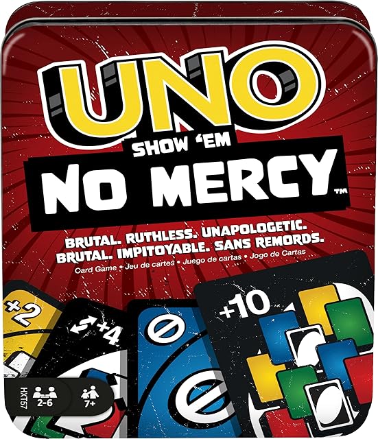 The Mattel Games UNO Show ‘em No Mercy Card Game in Storage & Travel Tin for Kids, Adults & Family Night with Extra Cards, Special Rules & Tougher Penalties (Amazon Exclusive)