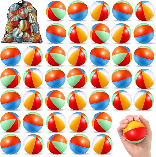 The Hungdao 50 Pcs Beach Stress Balls 2.5 Inch Mini Beach Ball Stress Ball Relief Stress Ball Swimming Pool Game Toy Foam Sports Ball with Storage Bag for School Carnival Reward Birthday Party (Rainbow)
