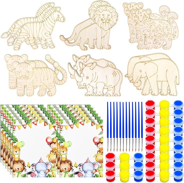 The WYOMER 12 Sets Safari Party Favors Painting Kits, Jungle Craft Kits Party Supplies, Jungle Wooden Painting Kit for Kids with Cards
