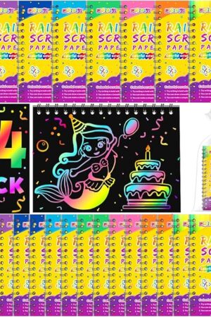 The pigipigi Party Favor Toy for Kids: 24 Pack Rainbow Art Scratch Notebook, Colorful Craft Scribble Paper Magic Black Drawing Pad kit, Activity Gift Set for Girl Boy Children Birthday Christmas