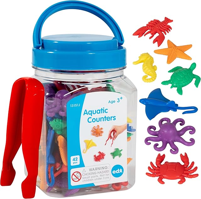 The edxeducation-13151 Aquatic Counters - Mini Jar Set of 42 - Learn Counting, Colors, Sorting and Sequencing - Math Manipulative for Kids