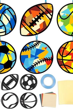 The QOUBAI 36 Pcs Sports Suncatchers Crafts for Kids Outdoors Sports Window Tissue Paper Craft Kit Colorful Window Suncatchers Art Kit Supplies for School Home Activity Project Birthday Party Favor Décor