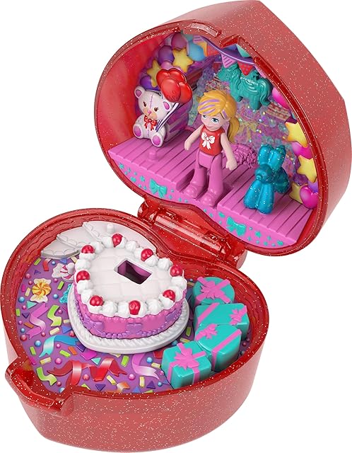 The Polly Pocket Mattel 80th Anniversary Compact Playset, Jewelry Box with Doll, Balloon Pet, and Wearable Ring, Ring Box with Celebration Theme