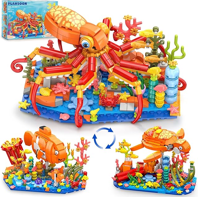 The 3 in 1 Animals Fish Turtle Octopus Building Set, Poseable Ocean Animal Building Block Toy for Office Home Decor, 525PCS Sea Creatures Kit, Birthday Gift for Adults Kids Boys Girls Ages 8-12+