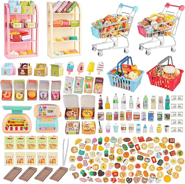 The 196Pcs Mini Shopping Cart Basket Trolley Grocery Game Model Miniature Drink Bottle Food Pizza with Box Supermarket Metal Handcart Toy Doll House Store Cosplay Pretend Kitchen Shelf Cash Register