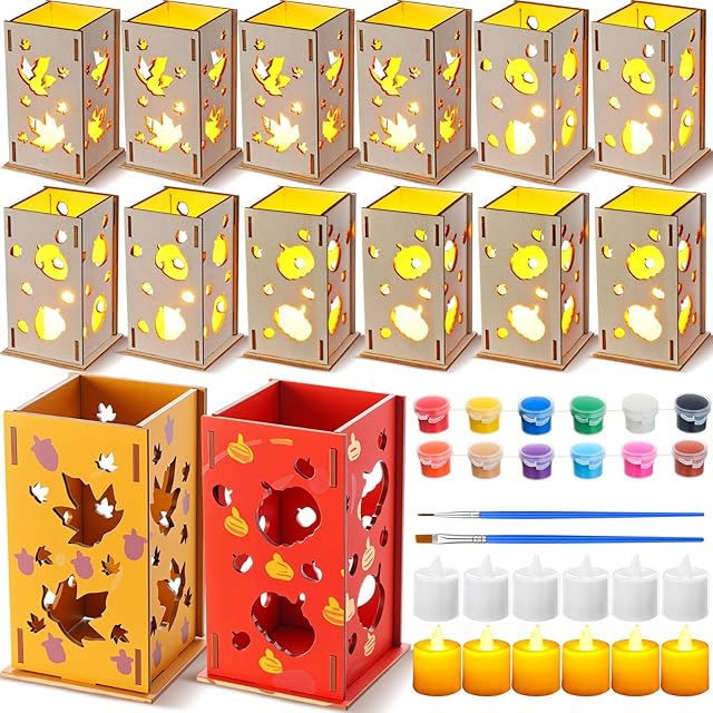 The 12 Sets DIY Wood Autumn Lantern for Kids Fall Art Painting Sets for Party Favors with Flameless LED Candles and Acrylic Paint for Fall Birthday Thanksgiving Gifts Party Supplies