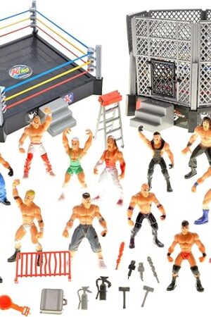 The PowerTRC 32 Pieces Wrestling Toys, Wrestler Play Set with 2 Wrestle Rings (Hexagon & Square), 12 Wrestlers, 18 Accessories, Toy Figures Cake Topper Birthday Party Decoration Gift Toy for Kids