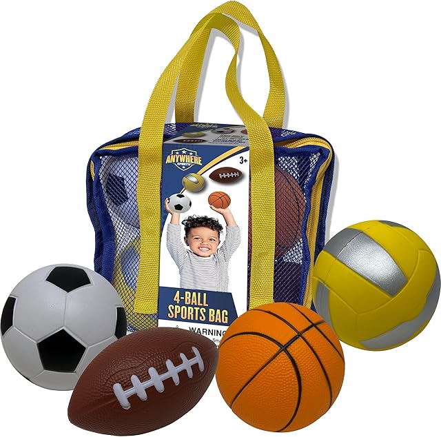 The Nature Bound Mini 4-Ball Sports Bag - Soft Foam Balls Set for Kids - Basketball, Soccer, Volleyball, Football - Safe Indoor and Outdoor Play - No Pump Required - Mesh Storage Bag Included