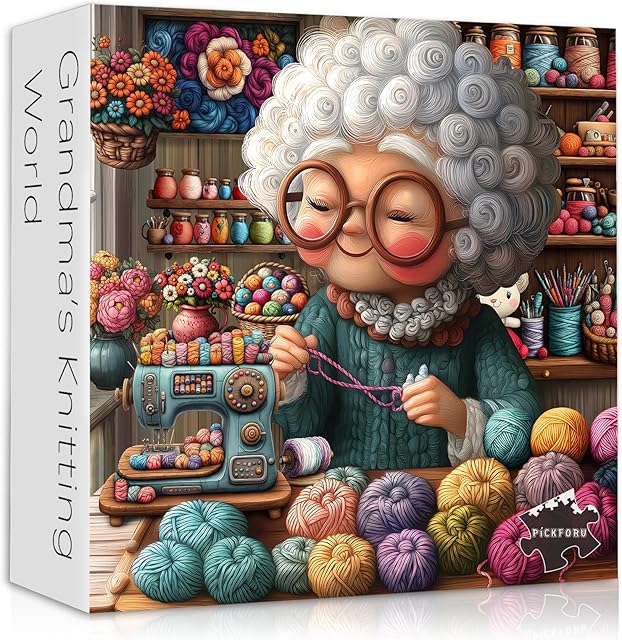 The Sewing Machine 1000 Piece Puzzles for Adults,Funny Grandma Puzzle Floral Embroidery, Cozy Craft Room with Yarn Flowers Puzzle,PICKFORU Grandma's Knitting World Jigsaw Challenge