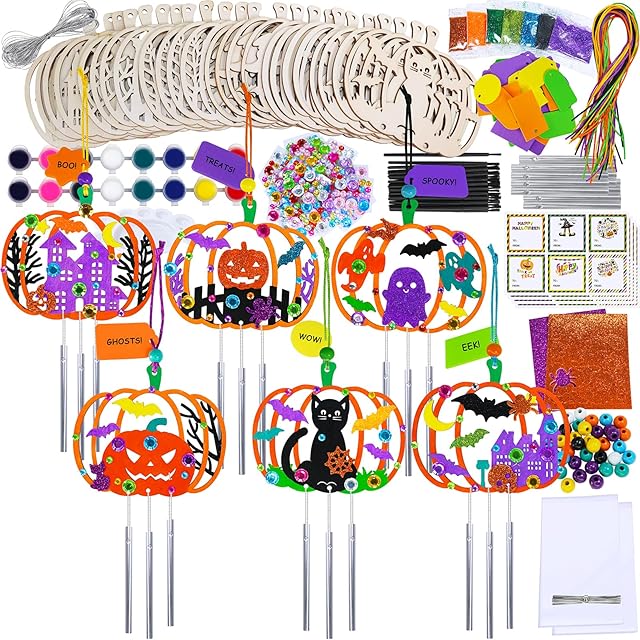 The Winlyn 24 Sets Halloween Crafts Fall Pumpkin Crafts DIY Unfinished Paintable Wooden Pumpkin Wind Chimes Ornaments Craft Kits for Kids Classroom Activities Art Project Halloween Decoration Party Favors