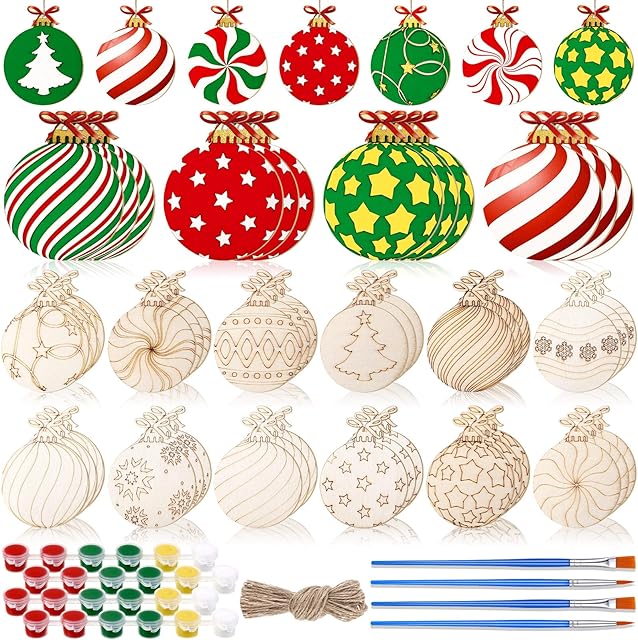 The 60 Pcs Wood Christmas Crafts for Adults DIY Paint Xmas Ornaments Blank Unfinished Wooden Cutouts Shapes Slices Hanging Embellishment for Christmas Tree Holiday Party Decor(Ball)