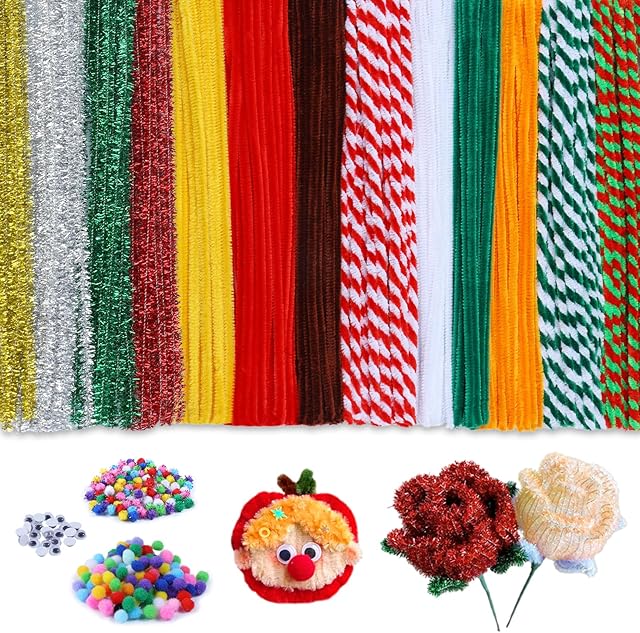 The 500PCS Chenille Stems, 10 Colors Pipe Cleaners Bulk+200PCS Pom Poms Craft Set for Christmas Arts and Crafts Supplies