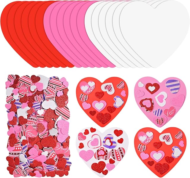 The 388 Pieces Valentine's Day Foam Heart Stickers Kit Includes 18 Pcs Colorful Large Foam Hearts and 370 Pcs Glitter Self-Adhesive Heart Stickers for Valentine's Day DIY Craft Supplies