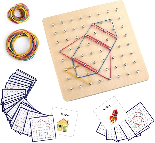 The Thoth Montessori Wooden Geoboard Mathematical Manipulative Material Array Block Geo board with 36Pcs Pattern Cards and Rubber Bands Matrix 8x8 for Kids Graphical Educational Toys Early Development Toy