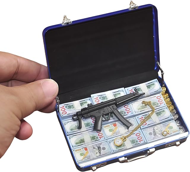 The 1:6 Scale Miniature Briefcase Set - Includes Fake Gold Bars, Bundles of $100 Mini Dollar Bills, Vintage Coins and Mini Weapons - Unique Adult NoveltyToy & Dollhouse Accessories (Blue)