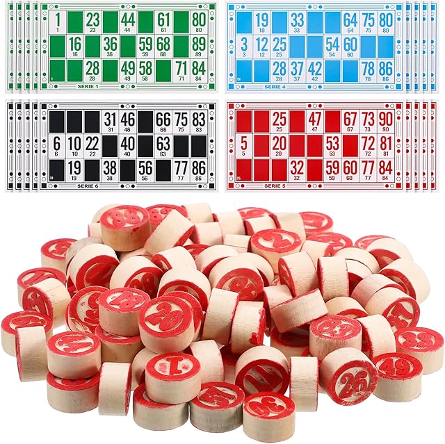 The Russian Lotto Board Games Family Bingo Board Game Set of 48 Bingo Cards and 90 Wooden Chess, Great for Adults Kids Family Game Night, Halloween, School Classroom Activity, Parites