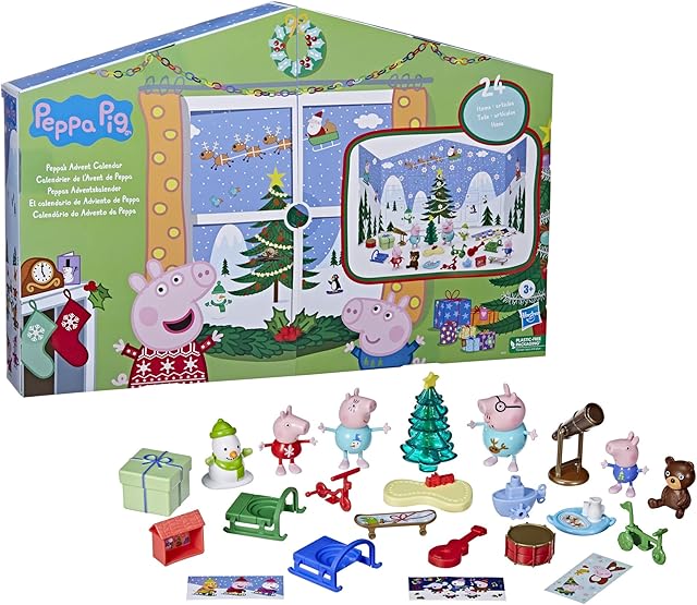 The Peppa Pig Peppa’s Kids Advent Calendar, Contains 24 Surprise Toys, 4 Holiday Family Figures; Ages 3 and Up