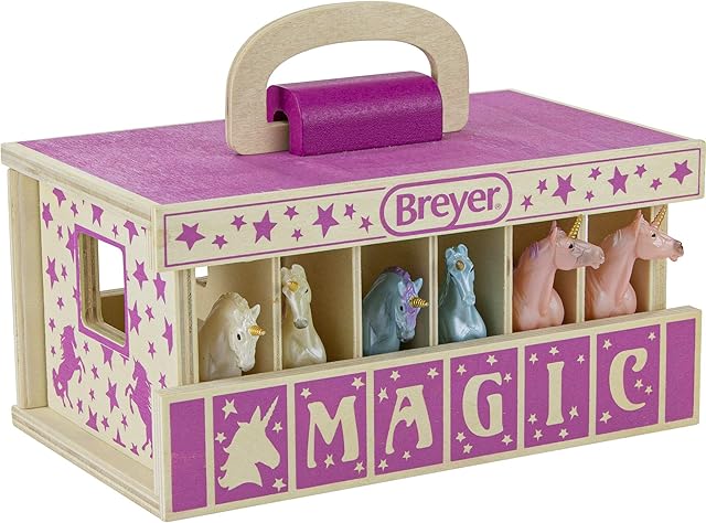 The Breyer Unicorn Magic Wooden Carry Stable Playset with 6 Unicorns – Unicorn Gifts for Girls | Toys for Kids Ages 4–8 | Hand-Painted Horses in Carrying Case | Imaginative Play Set - Sextoyzone