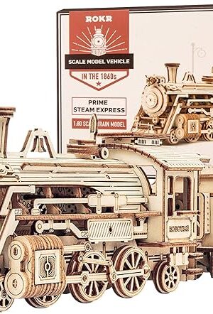 The ROKR 3D Wooden Puzzle for Adults-Mechanical Train Model Kits-Brain Teaser Puzzles-Vehicle Building Kits-Unique Gift for Kids on Birthday/Christmas Day(1:80 Scale)(MC501-Prime Steam Express)