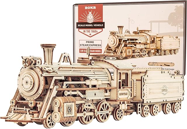The ROKR 3D Wooden Puzzle for Adults-Mechanical Train Model Kits-Brain Teaser Puzzles-Vehicle Building Kits-Unique Gift for Kids on Birthday/Christmas Day(1:80 Scale)(MC501-Prime Steam Express)