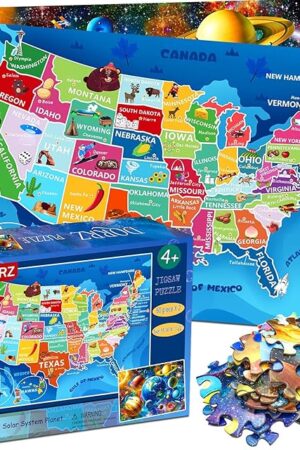 The Puzzles for Kids Ages 4-6 – 2 x 60 Pieces Puzzles for Kids 3 4 5 6 7 8 Year Old – United States Puzzle & Solar System Floor Puzzle – Educational Learining Toys for Boys and Girls