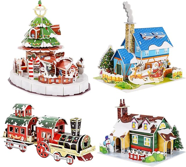 The Whaline 3D Puzzles Christmas Cute Jigsaw Paper Model Winter Simple Puzzle Paper and EPS Foam Board Toys for Girls Boys, Santa Xmas Tree Cottage Train Creative DIY Model Building kit for Kids Adaults