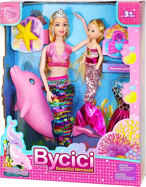 The Magical Mermaid Dolls Set for Girls 4-7 - Princess Twin Dolls with Color-Changing Purple Dolphin, Summer Outfits & Sparkling Accessories (Crown, Flip Scales, Starfish Comb) Water Play Birthday Gift