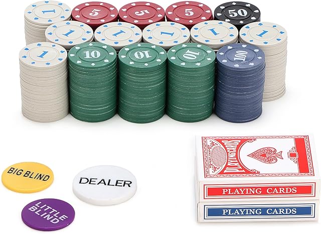 The Denomination Plastic Poker Chips Set with 2 Decks,Bulk Playing Cards Chips Texas Hold’em Blackjack 300 pcs Numbers Casino Black Jack Lightweight Poker Chip for Travel,Gambling Card Games