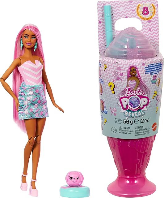 The Barbie Pop Reveal Series Fashion Doll & Accessories Set, Treat Series, Sweet Swirl Theme with Pet, 8 Surprises Include Color Change