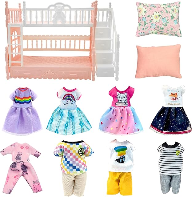 The Doll Clothes and Accessories for 5.3 inch Dolls, Clothes Dress Pajamas Random in 6, Mini Supplies, Bunk Bed, Girls Granddaughter Gifts