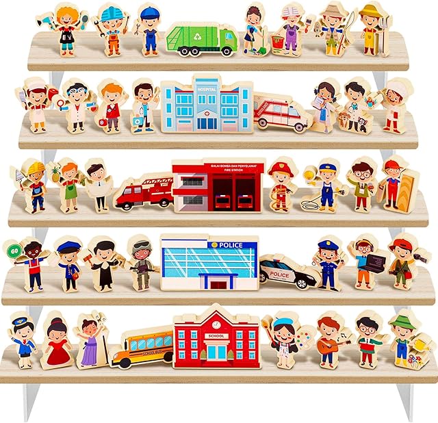 The 44 PCS Wooden Community Helpers Wood Blocks Little People Figures Occupational Cars Buildings Pretend Play Toys Multicultural Career Character Educational Social Preschool Learning for Kids