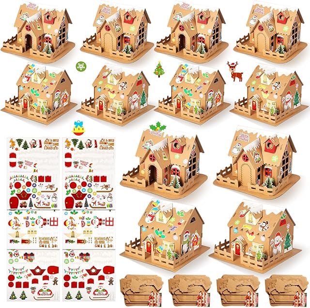 The Yunsailing 4 Sets Christmas Gingerbread House Craft Kit DIY Make Your Own Cardboard House Craft with Stickers Supplies for Christmas Holiday Activities Party Decorations Gift