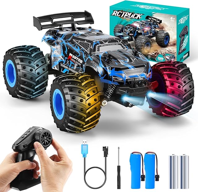 The Remote Control Car, 1:18 Scale Rc Cars, All-Terrain RC Truck with LED Light, 20KM/H, Rechargeable, 2WD, 2.4GHz, Sturdy PVC Shell, Remote Control Car for Boys 4-7 8-12, Beginner