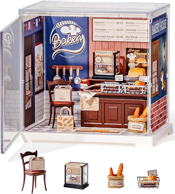 The Rolife Super Creator Mini-Size | DIY Miniature Plastic House Building Set Playset with Dustcover, Suitable for Mini Figures Construction Toys Diorama Gifts for Teens Adults (Butter Bakery House)