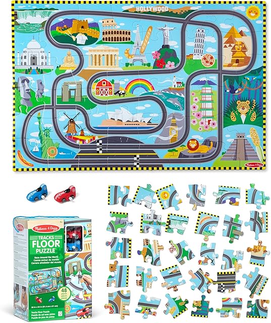 The Melissa & Doug Race Around The World Tracks Cardboard Jigsaw Floor Puzzle and Wind-Up Vehicles (48 Pcs) for Preschoolers and Kids Ages 4+ - FSC Certified