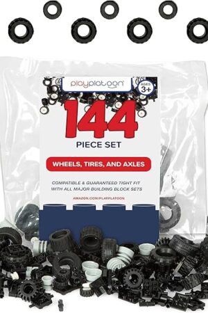 The Play Platoon 144 Piece Wheels and Axles Sets, Building Bricks Car Parts and Pieces Kit - Car Building Set with Wheels, Axles & Windshields