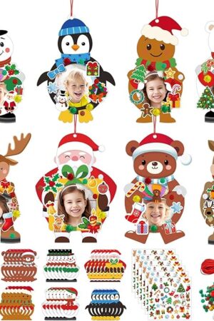 The Qunclay 48 Pack Christmas Craft for Kids Bulk Christmas Picture Frame Ornament Craft Kits DIY Photo Frame Wreath Crafts with Stickers Make Your Own Wreath Ornaments for Kids Classroom Home Activities
