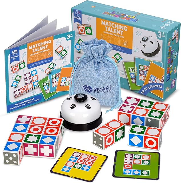 The Funtactics Wooden Matching Game Puzzle 3.0 Games, Pattern Block Match Puzzles Building Cubes with Bell for Kids and Adults Toys Board Games for Family Night 5 Players