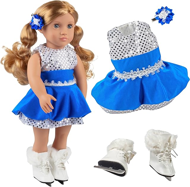The 3pc Ice Skating Doll Outfit- Handmade Clothes & Accessories Compatible w 18" American Girl Doll- Figure Skater Set Includes Sparkly Dress, Ice Skates, & Hair Clip- Gift Set for Girls