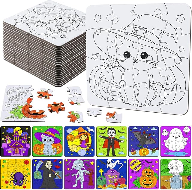 The Realspring 24 Pack Color Your Own Jigsaw Puzzles for Kids Coloring Puzzles DIY Paper Jigsaw Bulk Party Favors Gifts Exchange Classroom Activities Home Educational Game Toy(Halloween)