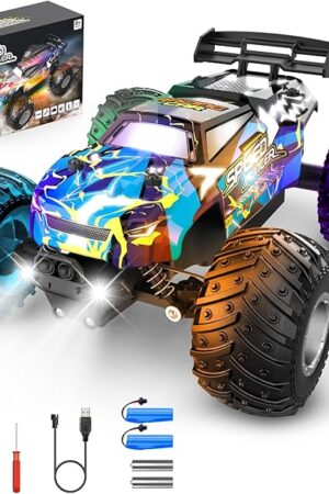 The Remote Control Car, 1:18 2WD Off-Road RC Truck 20 KM/H, All-Terrain RC Cars with Headlights, BodyLights, 2.4GH Rechargeable Remote Control Monster Truck, Christmas or Birthday Gift Toys for Boys Girls