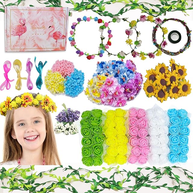 The WUBOMJIO Flower Crowns Craft Kit, Make Your Own 12 PCs Floral Crowns Garland Handmade Arts and Crafts for Kids, DIY Fairy Flower Headbands and Bracelets,Hair Accessories for Girls/Teens/Women