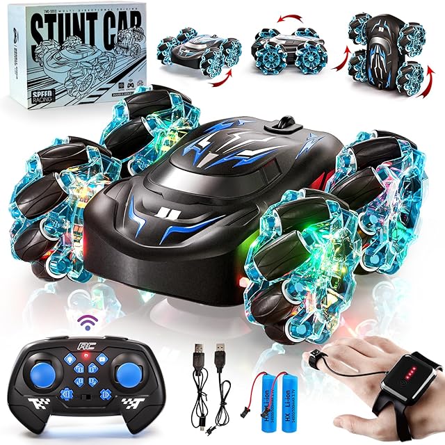 The Gesture Sensing RC Stunt Car with LED Lights, Double-Sided Flips Driving 360° Rotating, Sidesway, 2.4GHz 4WD Hand Controlled Remote Control Car for Boy 4-7, 8-12, Birthday Gift for Kids (Blue)
