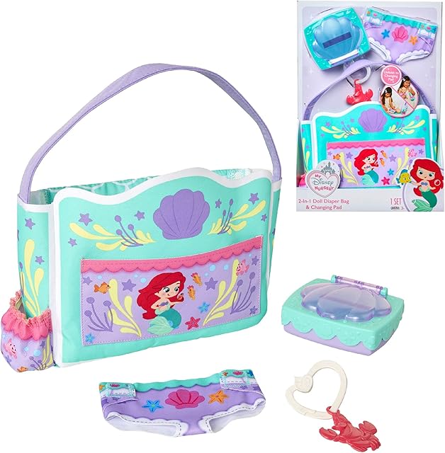 The Baby Doll Accessories, Ariel Transforming 2-in-1 Diaper Bag & Changing Pad for Dolls Inspired by Disney The Little Mermaid! Pretend Wipes Toy Container, Diaper Clip with Charm