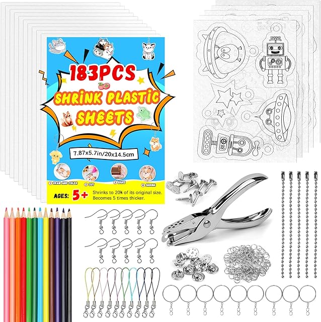 The yyoemas 183PCS Shrinky Dink Keychain Kit,15 PCS Shrink Plastic Sheets with Colored Pencils,Hole Punch,Keychains,Buckle Chains for Kids Creative Crafts Jewelry Making DIY(8x5.7inch/20x14.5cm)
