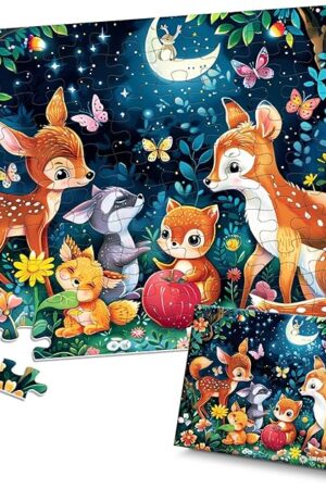 The Puzzles for Kids Ages 4-8 - Cute Deer Party in Forest Night - 100 Piece Jigsaw Puzzles for Kids Ages 4-6 6-8 8-10 Year Old Children Puzzles for Boys and Girls Educational Learning Toys and Gifts
