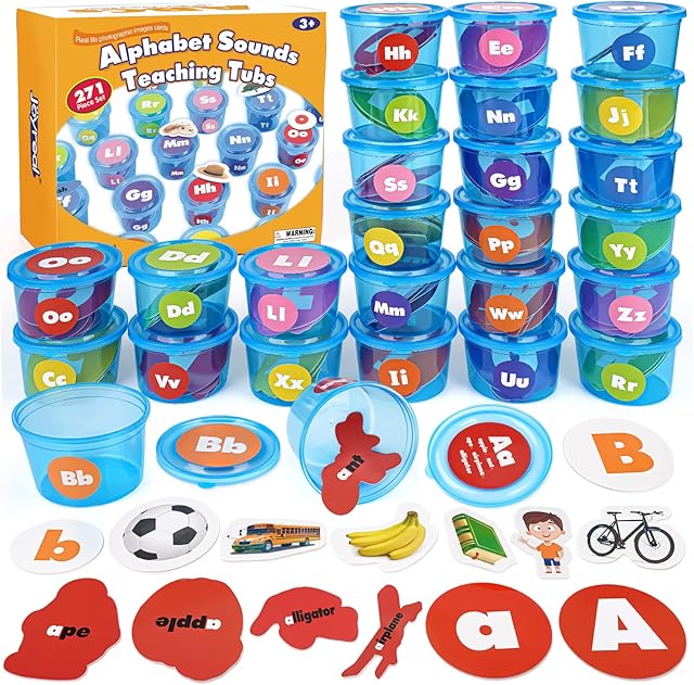 The Joyreal Alphabet Learning Toys for Toddlers - 26 Alphabet Soup Sorters with 245 Flash Cards for Early Letter Awareness & Recognition - Fun Education Classroom Supplies Alphabet Sounds Teaching Games