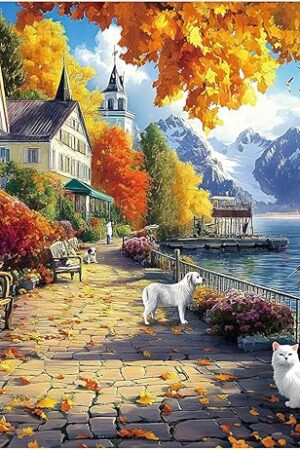 The Puzzles for Adults 1000 Piece,1000 Piece Puzzle for Adults, Cats Dogs Town Autumn Jigsaw Puzzles, Challenging Puzzle Perfect for Game Nights, Finished Size is 28×20 in