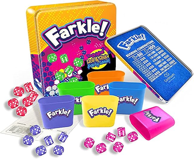 The Farkle Deluxe Dice Games Set Includes 36 Colorful Dice, 6 Rolling Cups, Rolling Tray, and Score Sheets The Classic Push-Your-Luck Dice Game