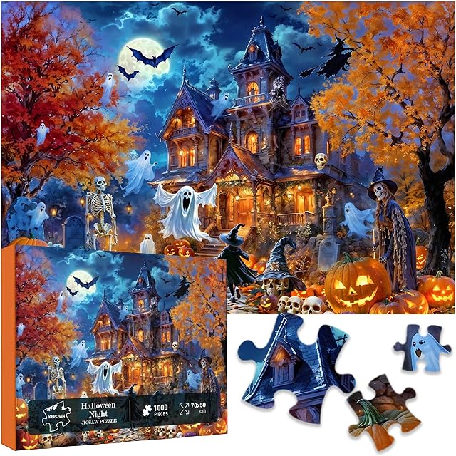 The Halloween Night Jigsaw Puzzle for Adults 1000 Pieces-Haunted House Pumpkin,Witch,Skeleton,Ghosts & Batstheme Puzzles Spooky Night Sky Puzzle-for Holiday Party Gifts or Decorations